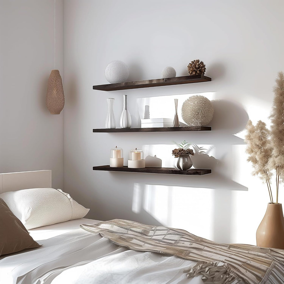 48 Inch Floating Shelves for Wall Rustic Brown Wood Wall Shelves for Bedroom Set of 4