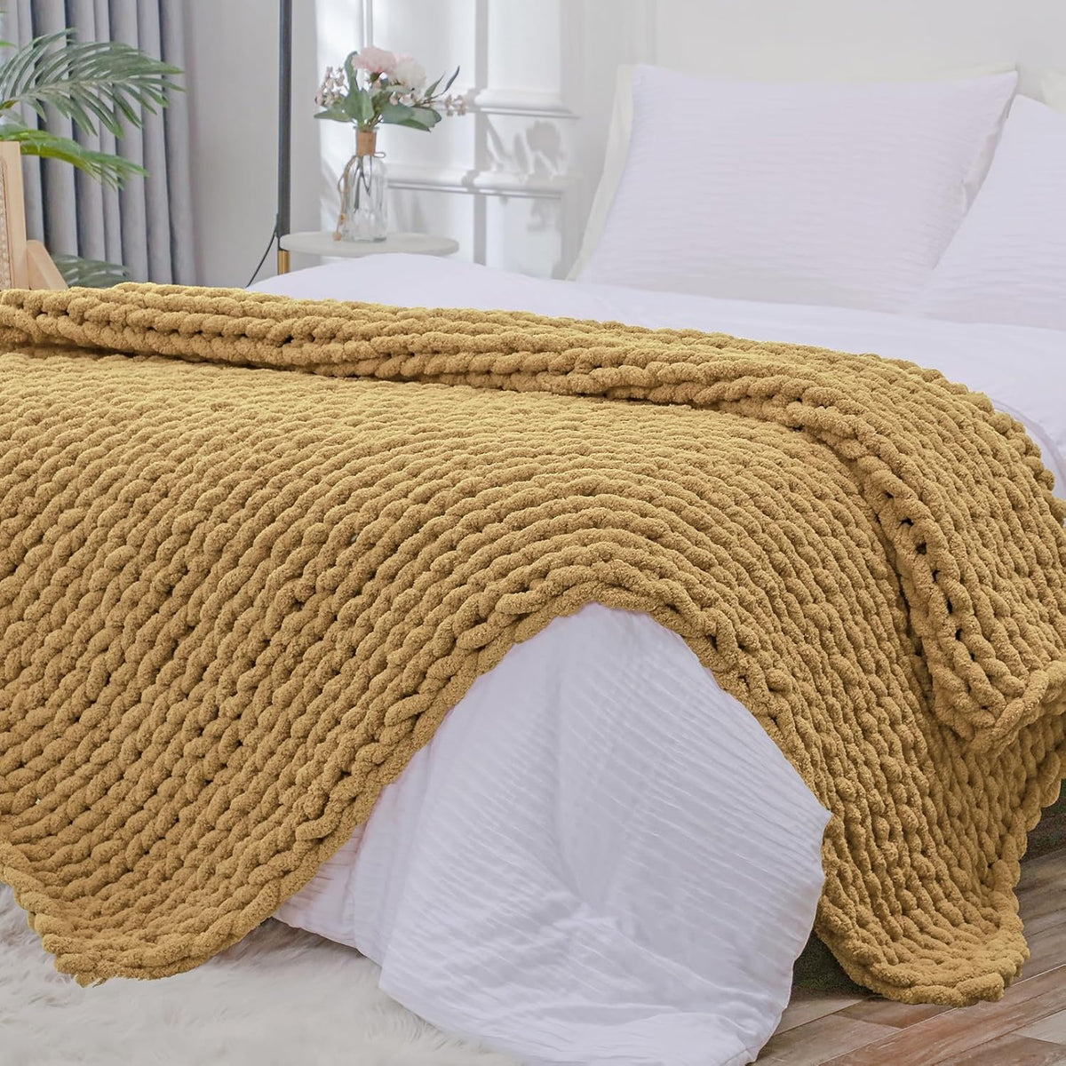 Bigacogo Chunky Knit Throw Blanket for Couch, 51x63 inches, 100% Hand Knitted with Thick Jumbo