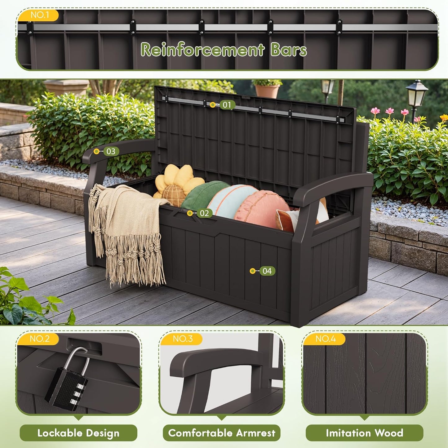 Greesum 80 Gallon Storage Bench Outdoor Deck Box with Armrest, Patio Furniture,Lockable, Waterproof
