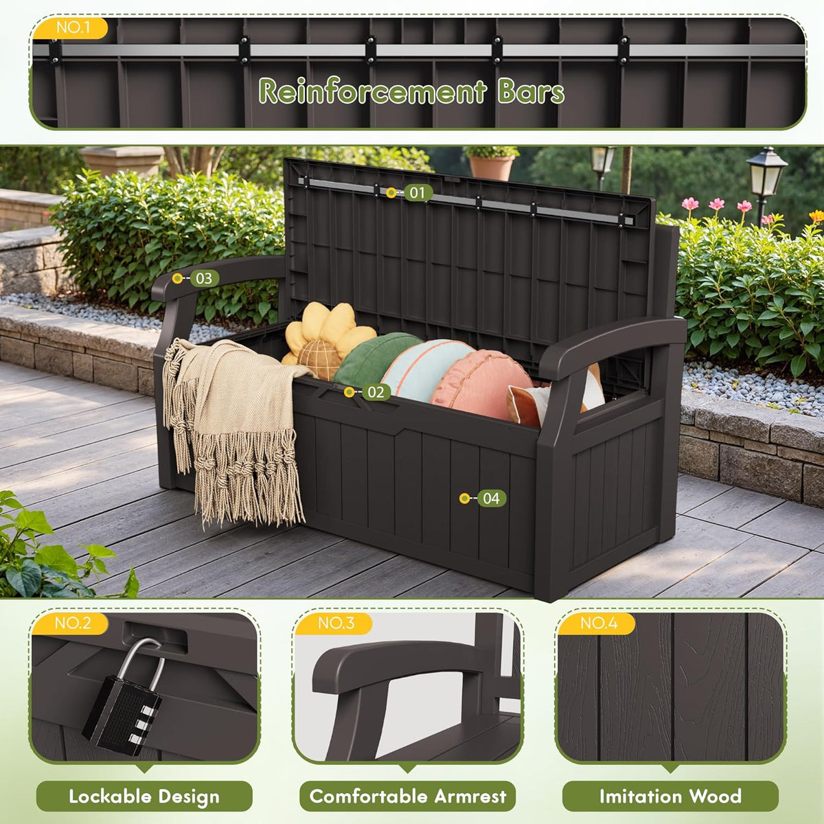 Greesum 80 Gallon Storage Bench Outdoor Deck Box with Armrest, Patio Furniture,Lockable, Waterproof