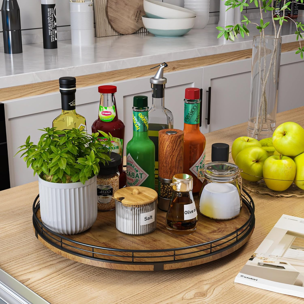 Farmhouse Oak 16" Lazy Susan Turntable Organizer for Cabinet, Round Wooden Lazy Susan Organization