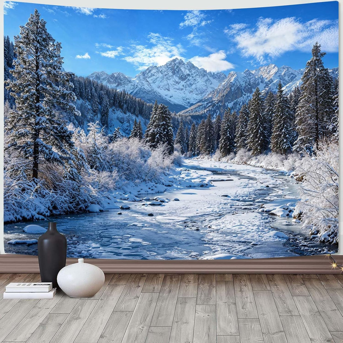 AMM Winter Forest Snow Mountain Tapestry Snowy Pine Tree Woodland Tapestry for Bedroom Aesthetic