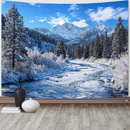 AMM Winter Forest Snow Mountain Tapestry Snowy Pine Tree Woodland Tapestry for Bedroom Aesthetic