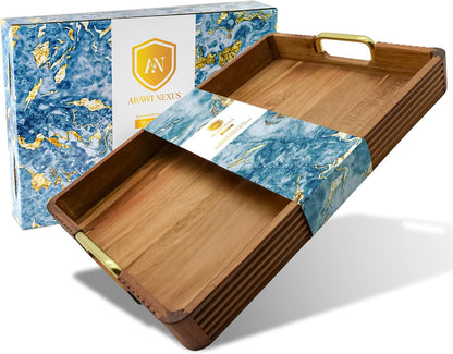 Acacia Wood Serving Tray with Metal Handles  – 17x12in Rustic Decorative Ottoman & Coffee Table