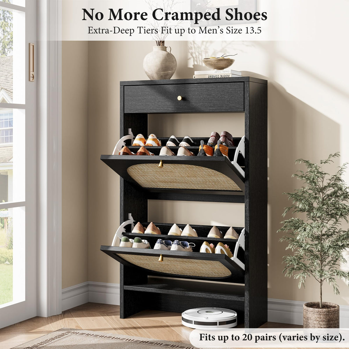 Nicetree Shoe Cabinet for Entryway, Slim Shoe Rack with 2 Flip Drawers and Top Storage Drawer