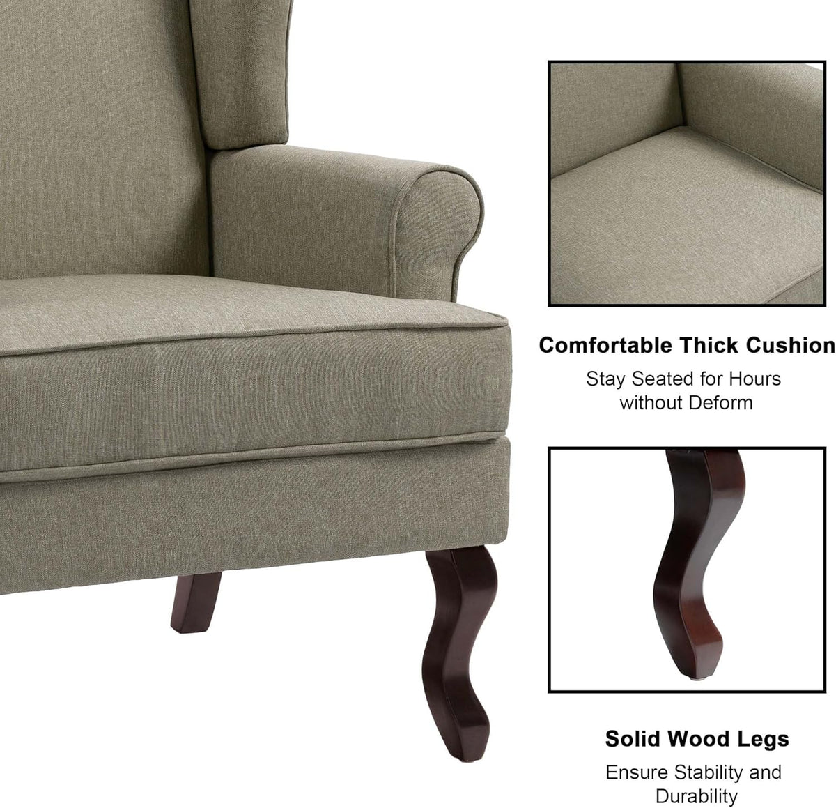 Accent Chair, High Back Upholstered Armchair with High Resilience Sponge & Wood Legs, Mid-Century