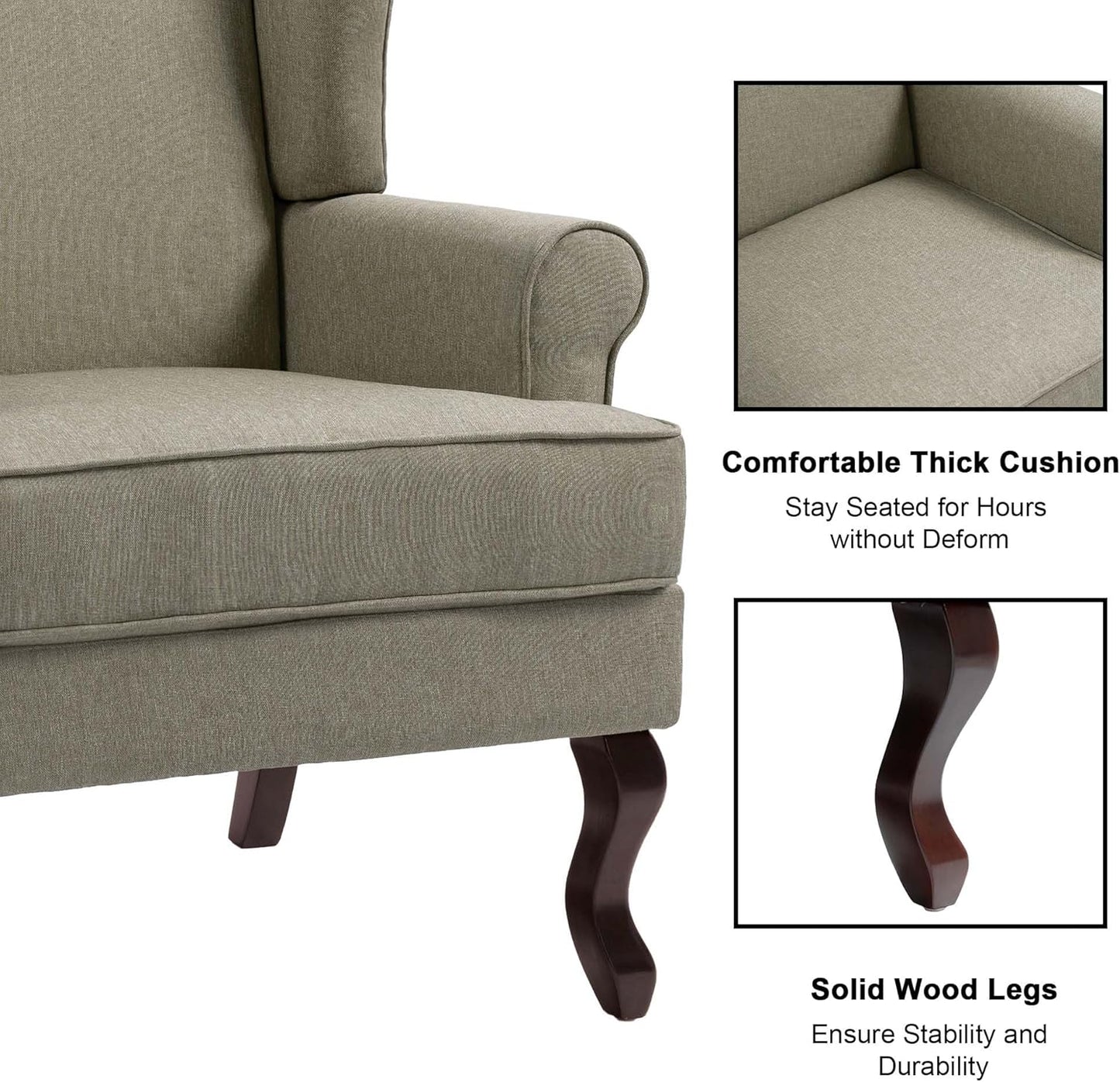 Accent Chair, High Back Upholstered Armchair with High Resilience Sponge & Wood Legs, Mid-Century