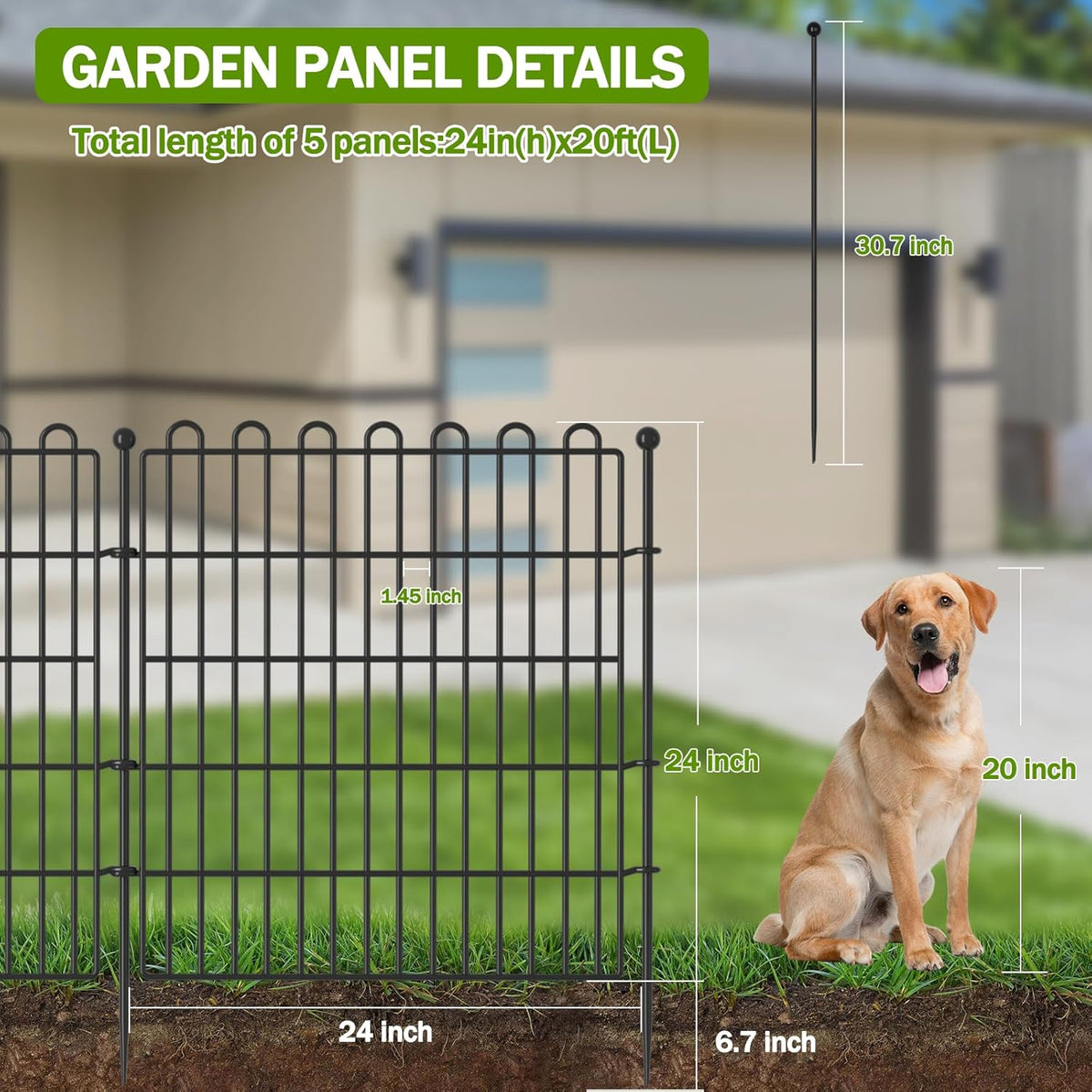 10 Panels No Dig Decorative Garden Fence with Gate for Yard, 24 in(H) X 20 ft(L) Animal Barrier