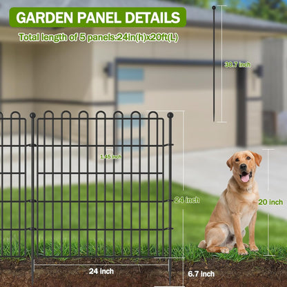 10 Panels No Dig Decorative Garden Fence with Gate for Yard, 24 in(H) X 20 ft(L) Animal Barrier
