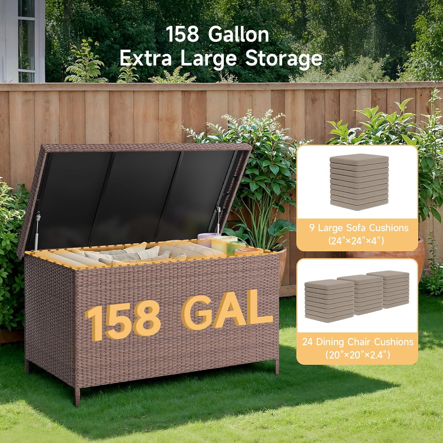 158 Gallon XL Deck Box with Lid, All Weather Wicker Outdoor Storage Box Waterproof, Large Outdoor