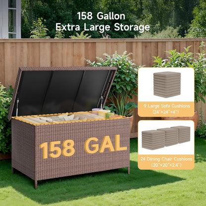 158 Gallon XL Deck Box with Lid, All Weather Wicker Outdoor Storage Box Waterproof, Large Outdoor