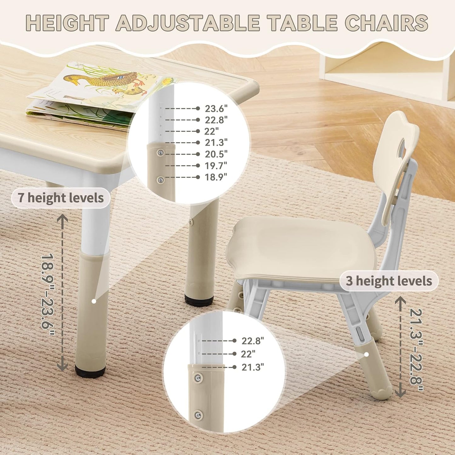 Kids Study Table and Chairs Set, Height Adjustable Toddler Table and Chair Set for Kids Ages 3-8