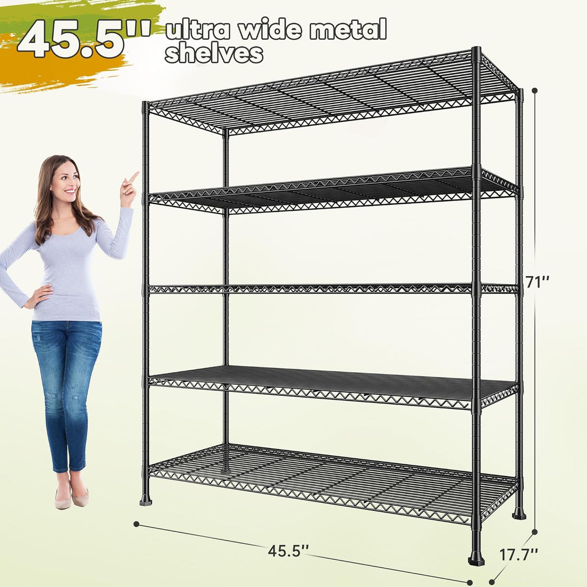 REIBII 45.5''W Storage Shelves Wire Shelving, 5 Tier Pantry Shelves for Storage Rack, Adjustable