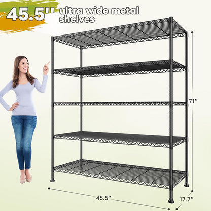 REIBII 45.5''W Storage Shelves Wire Shelving, 5 Tier Pantry Shelves for Storage Rack, Adjustable