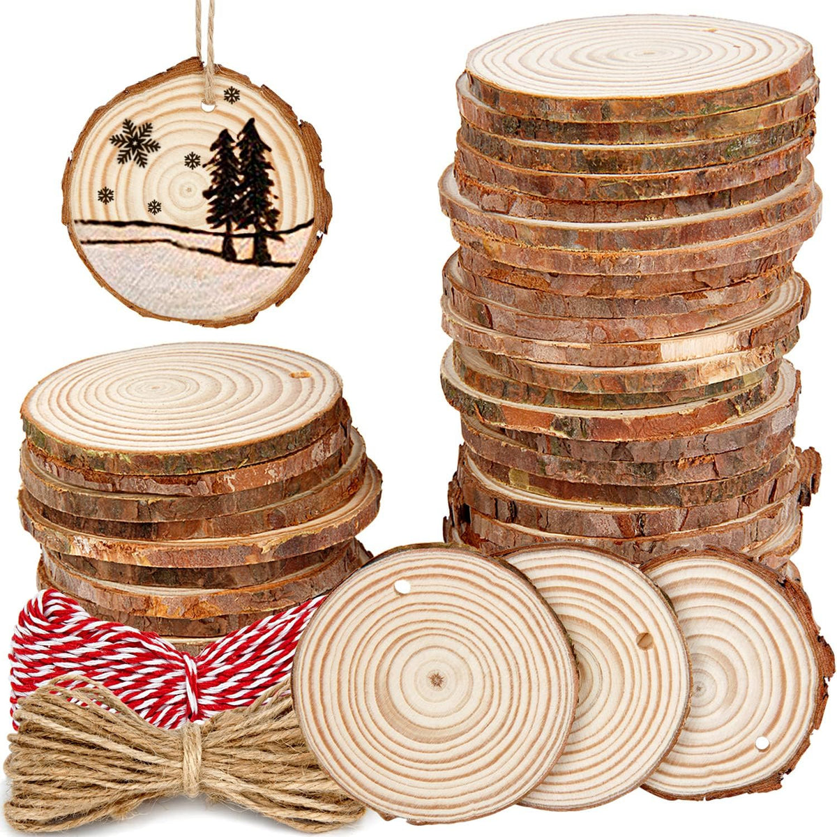 50 Pieces 2.4"-2.8" Natural Wooden Slices,Colovis Unfinished Wood Circles with Holes Tree Bark