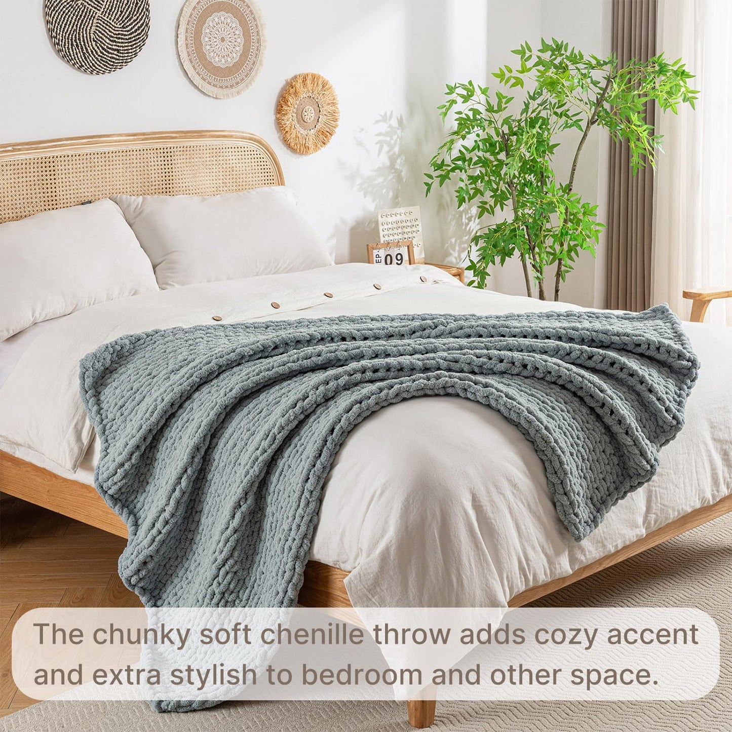 Chunky Knit Blanket Throw, 100% Hand Knit Throw Blanket Handmade Chenille Cable Knit Throw for
