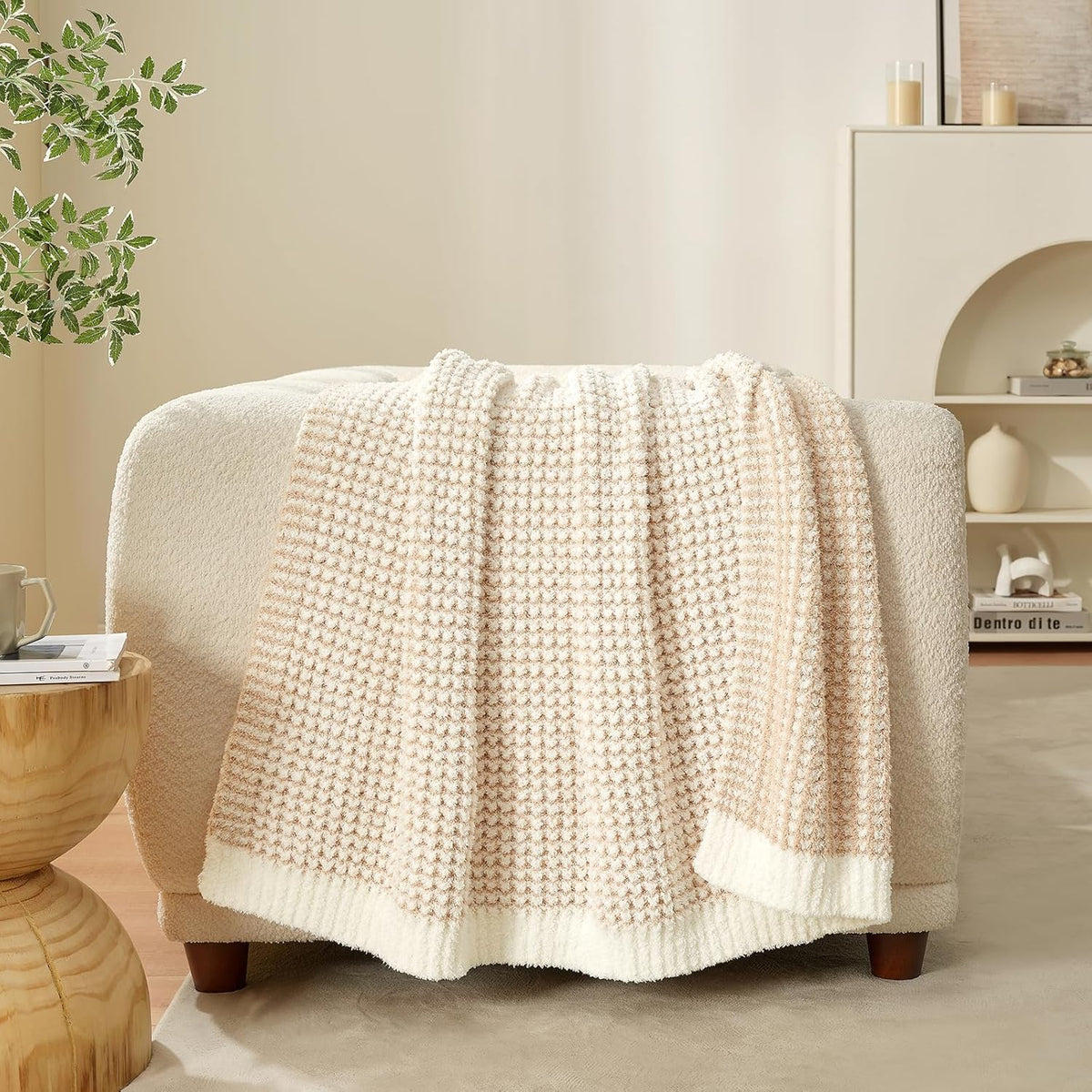 Snuggle Sac Cream Waffle Throw Blanket for Couch Bed Sofa 50x60 inches, Reversible Beige Blanket