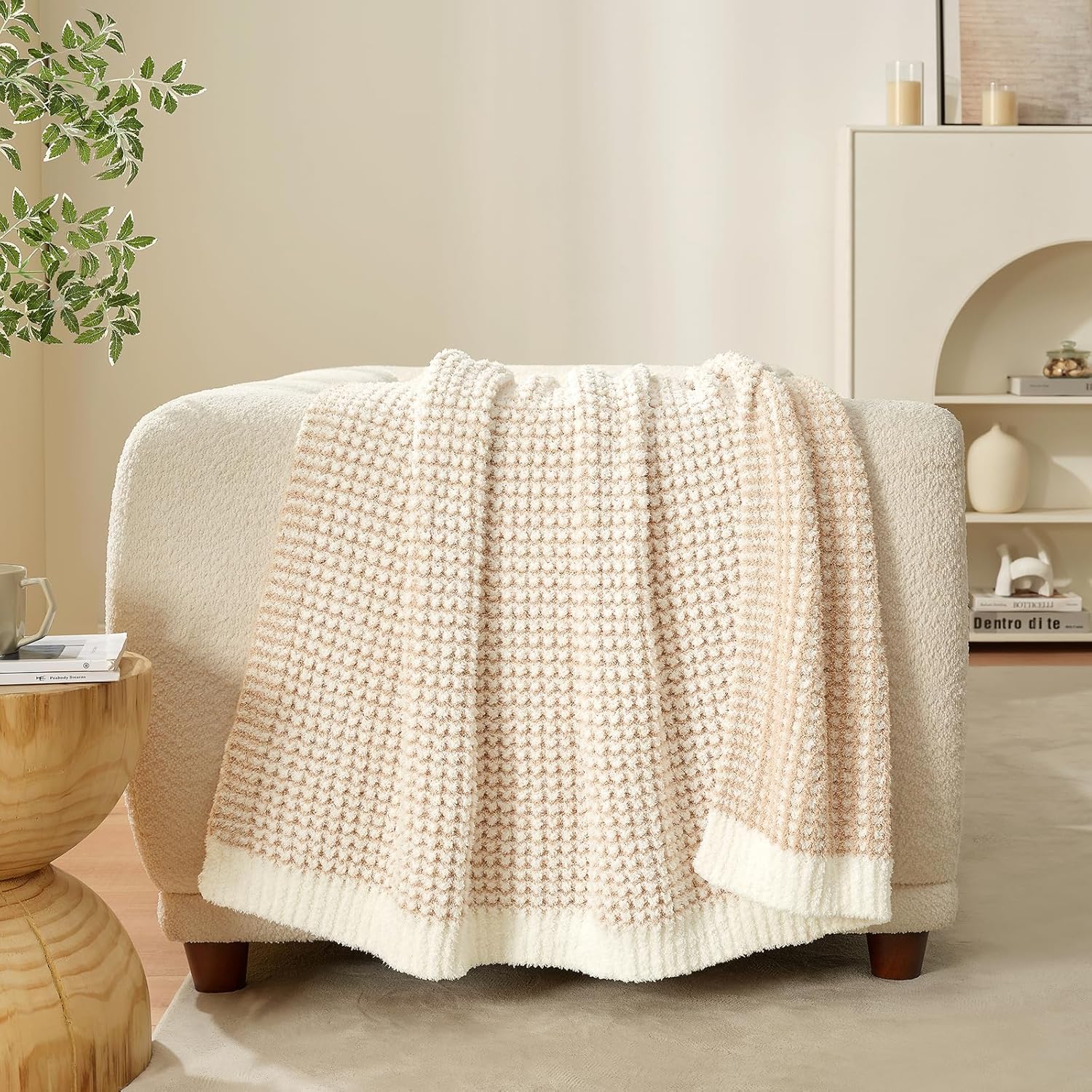 Snuggle Sac Cream Waffle Throw Blanket for Couch Bed Sofa 50x60 inches, Reversible Beige Blanket