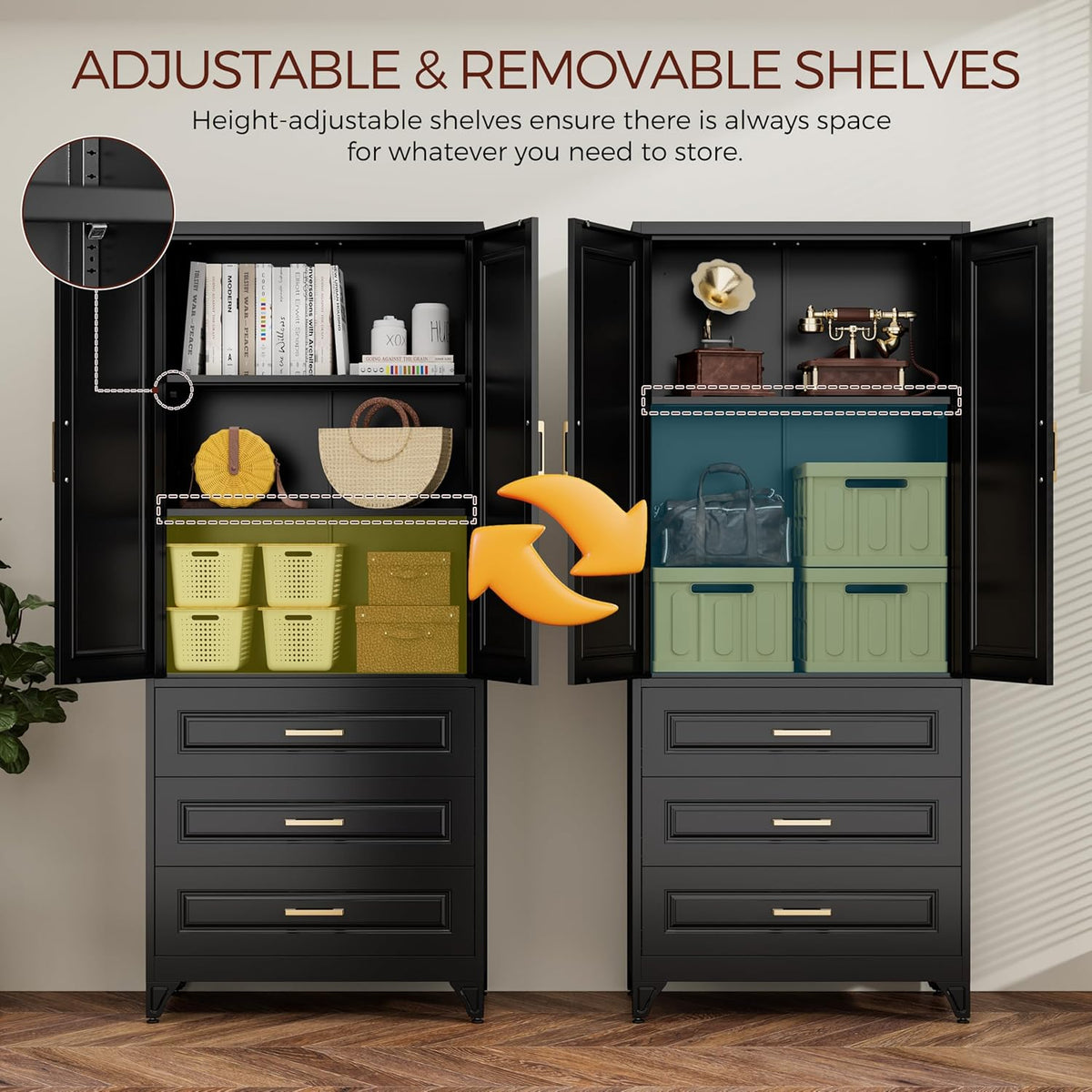 75" Kitchen Pantry Cabinet, Metal Storage Cabinets with Doors and Adjustable Shelves, Black Tall
