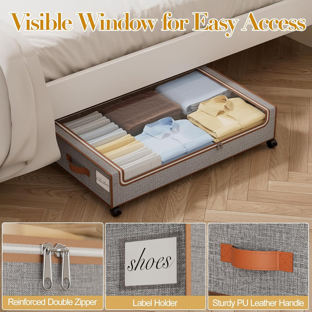 Yecaye Under Bed Storage with Wheels, 2 Pack Under Bed Storage Containers with Clear Lids & Label