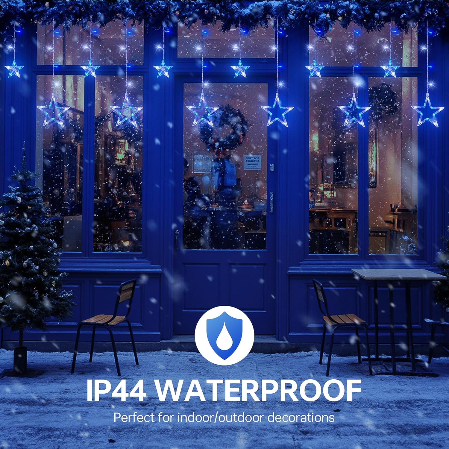 126L Blue White Christmas Star Icicle Lights, 8.2FT Clear Curtain Fairy String with Connectable
