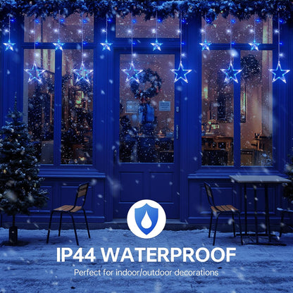 126L Blue White Christmas Star Icicle Lights, 8.2FT Clear Curtain Fairy String with Connectable