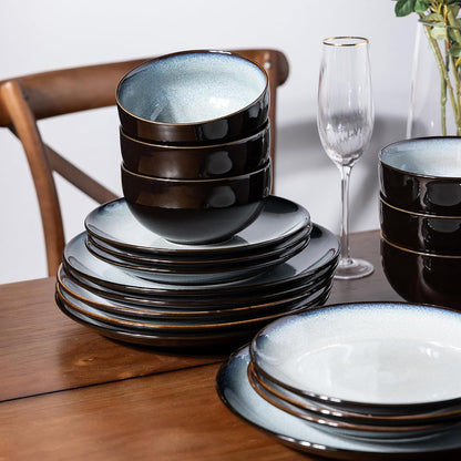 LeRatio Ceramic Dinnerware Sets for 6,Stoneware Plates and Bowls Sets,Handmade Reactive Glaze