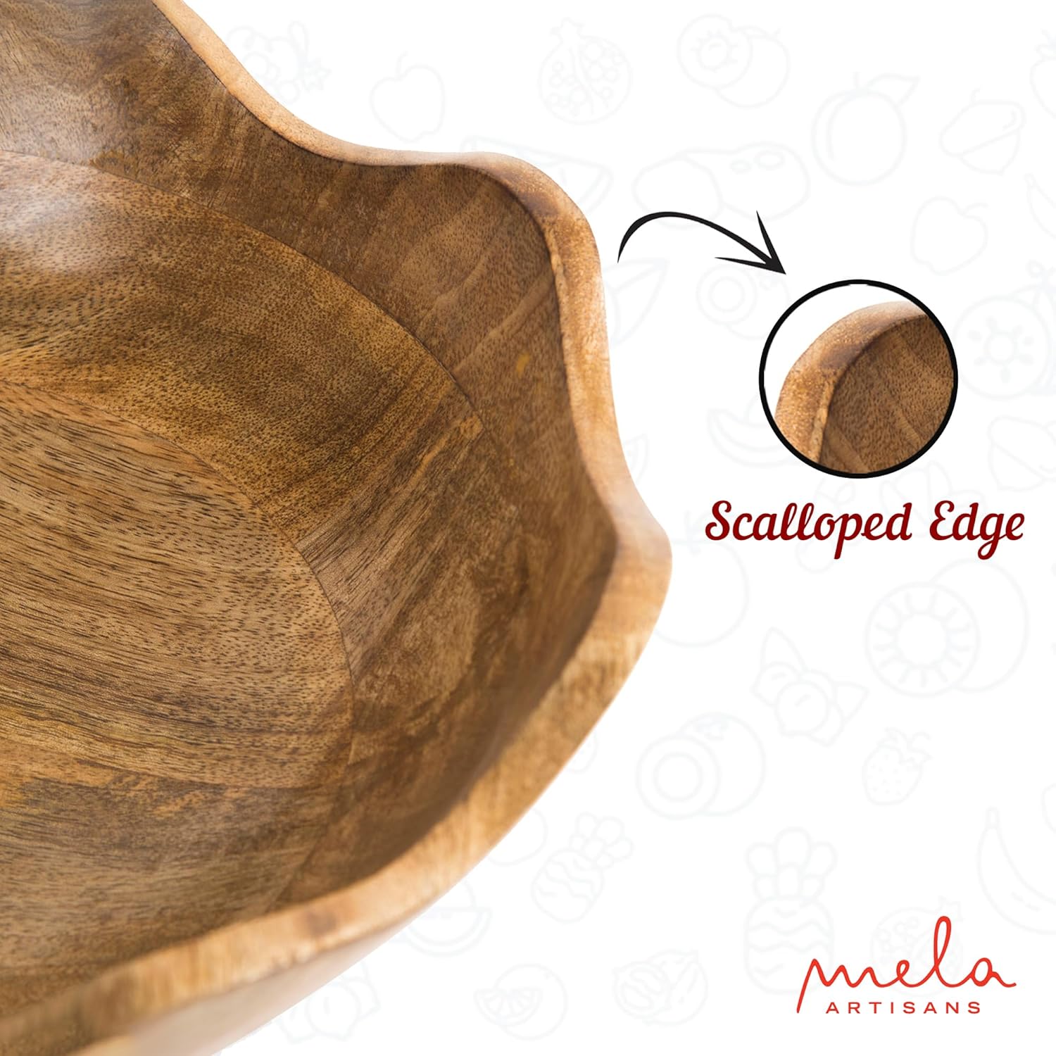 Mela Artisans Wooden Scalloped Bowl - Set of 2, Large & Medium |Mango Wood Natural Grain Finish |