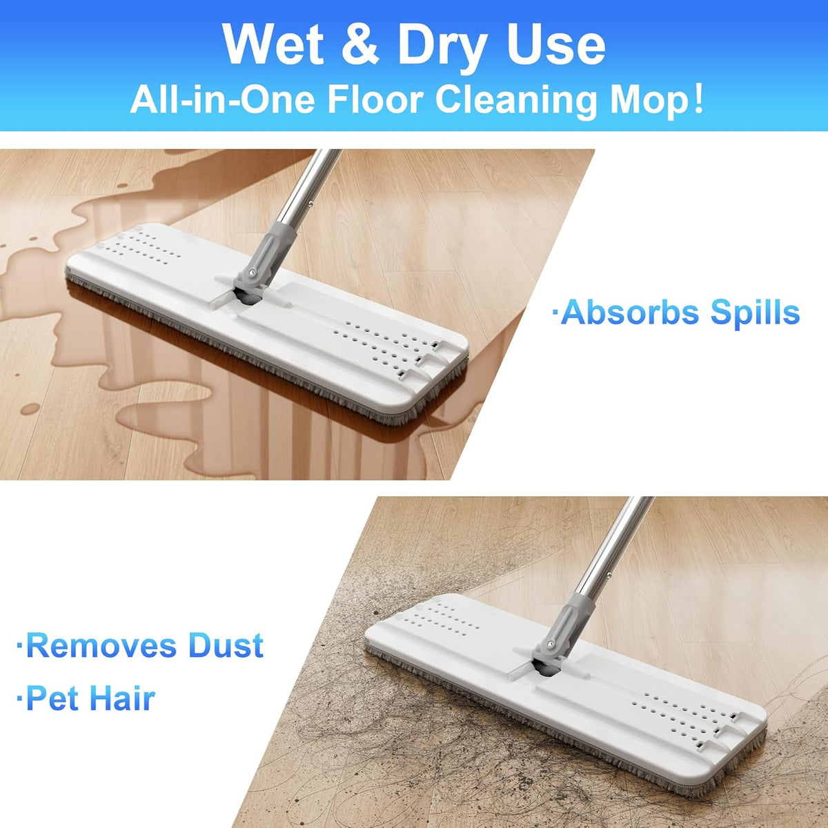 JOYMOOP White Flat Mop & Bucket with 1 Microfiber Pad, 12 Disposable Toilet Brushes, Stainless