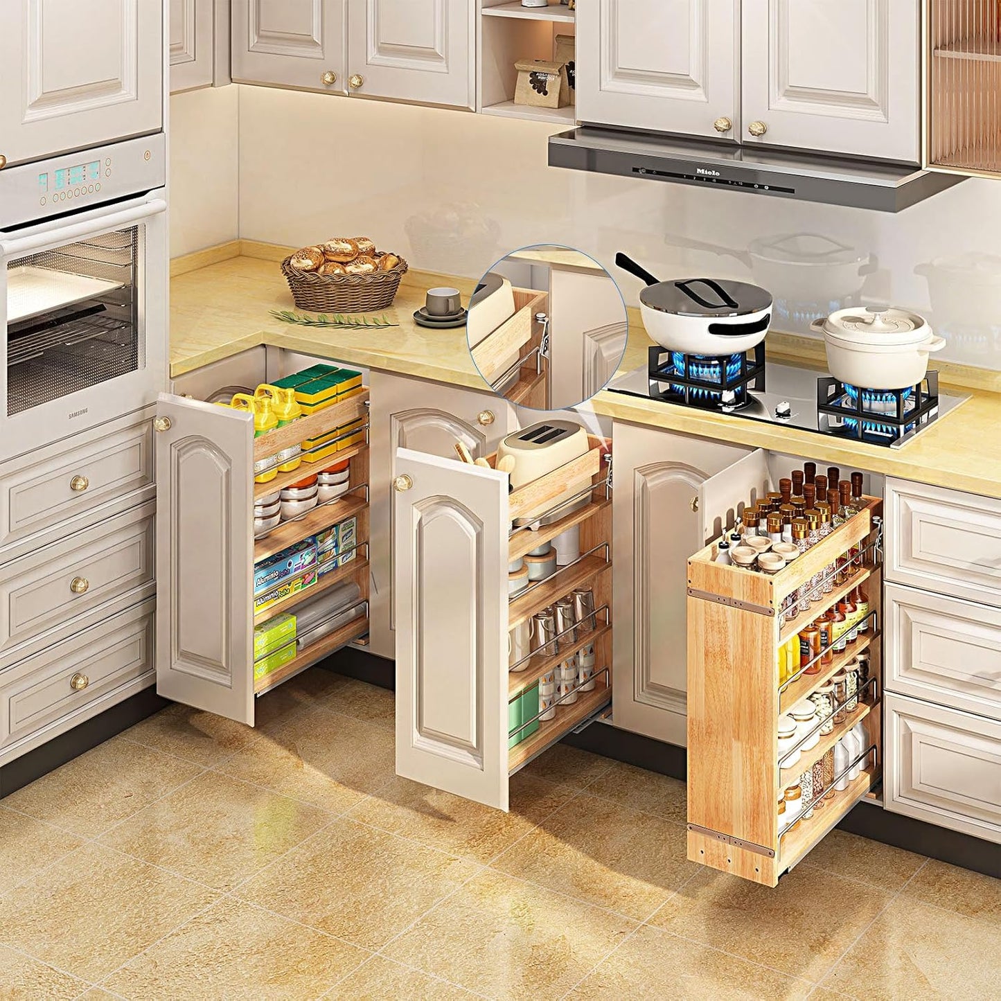 DINDON Pull Out Spice Rack Cabinet Organizer, (8" W x 21.9" D x 25.2" H) Multi-Use Soild Wood Pull