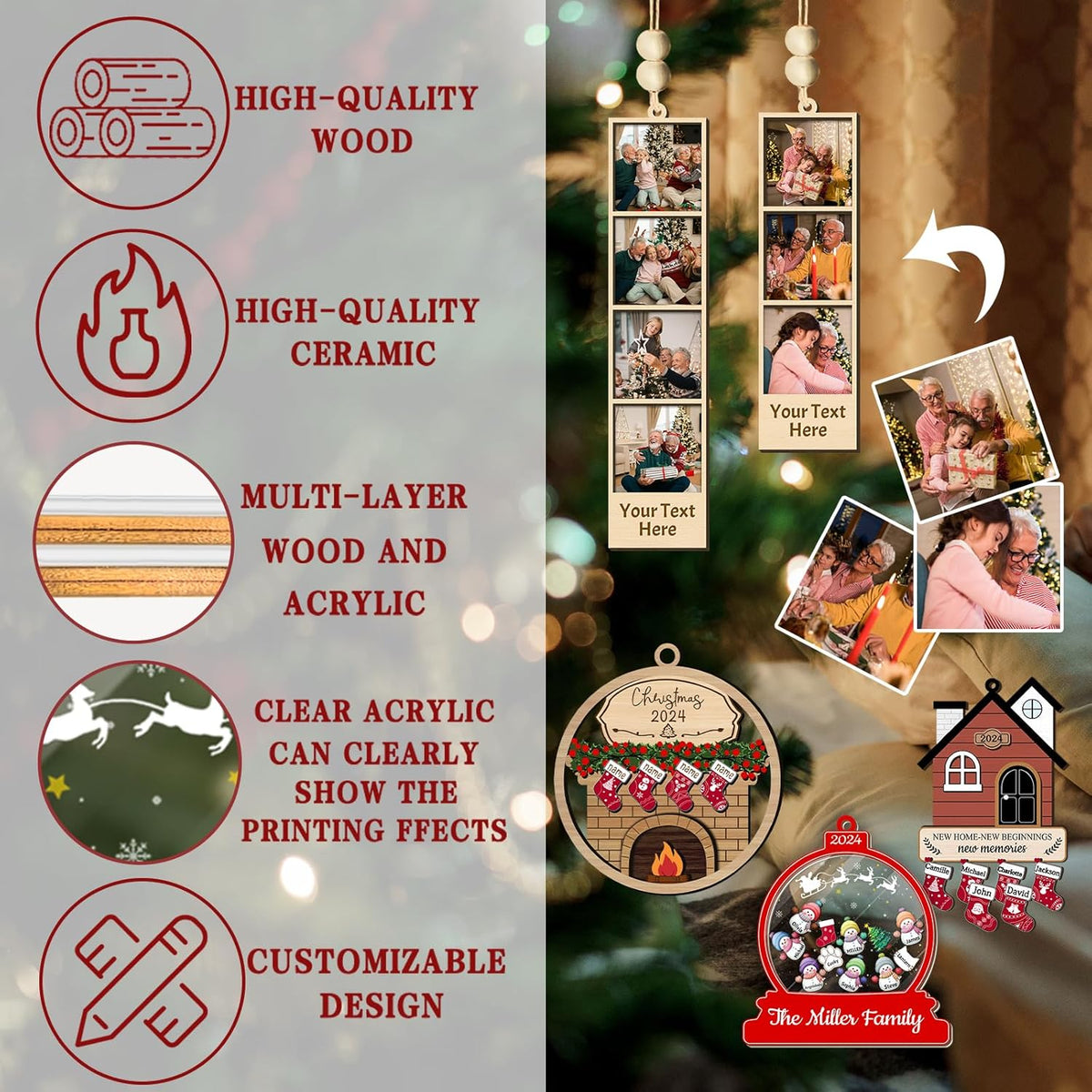 Personalized Christmas Ornaments with Names of 2/3/4/5/6/7/8 Custom Family Ornament Customized Xmas