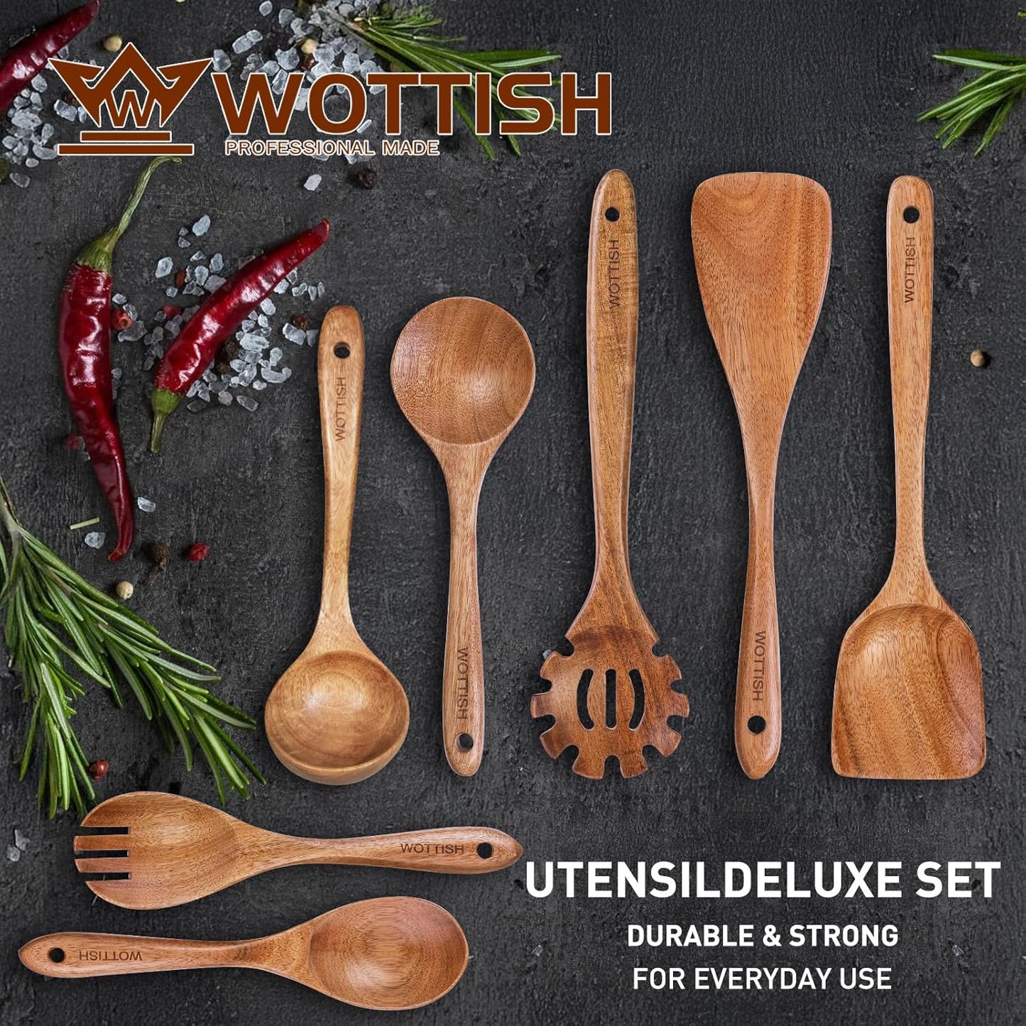Wooden Utensil Set,WOTTISH 7Pcs Nonstick Wood Spatula,Wooden Kitchen Utensils Set Non Toxic,Wooden