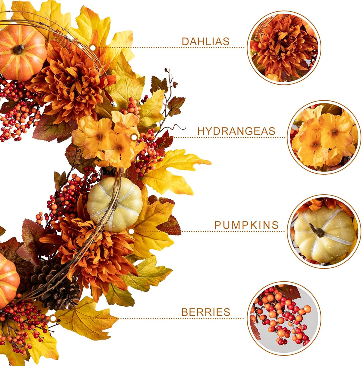 Glitzhome 24 inch Artificial Fall Wreath Decor, Autumn Maple Leaf Wreath for Front Door with Dahlia