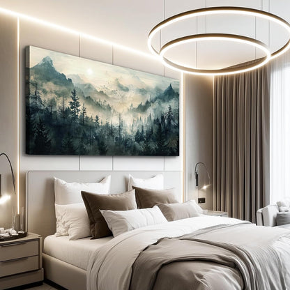 KELIYUAN Large Canvas Misty Forest Wall Art Mountain View Home Decor For Living Room Bedroom Office