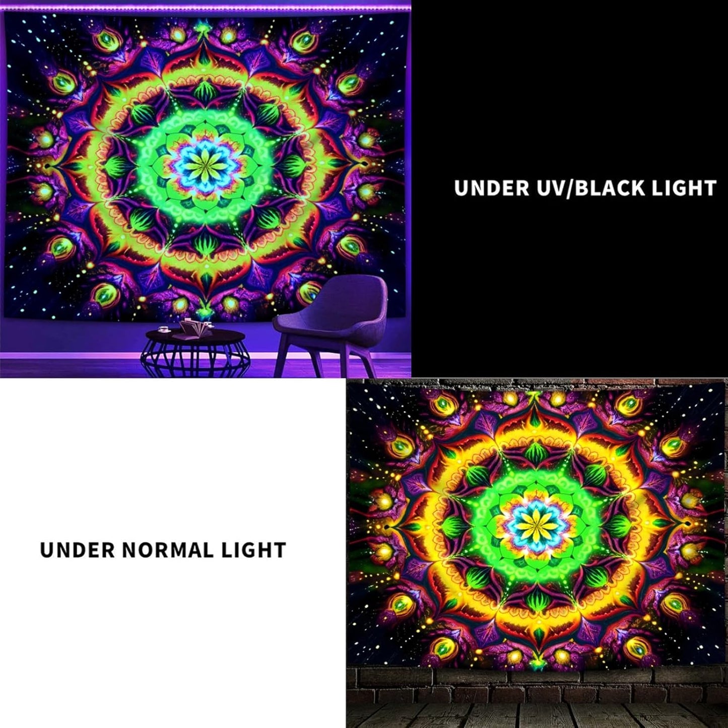 Blacklight Mandala Tapestry for Bedroom, Psychedelic Flower Black Light Posters for Adults and