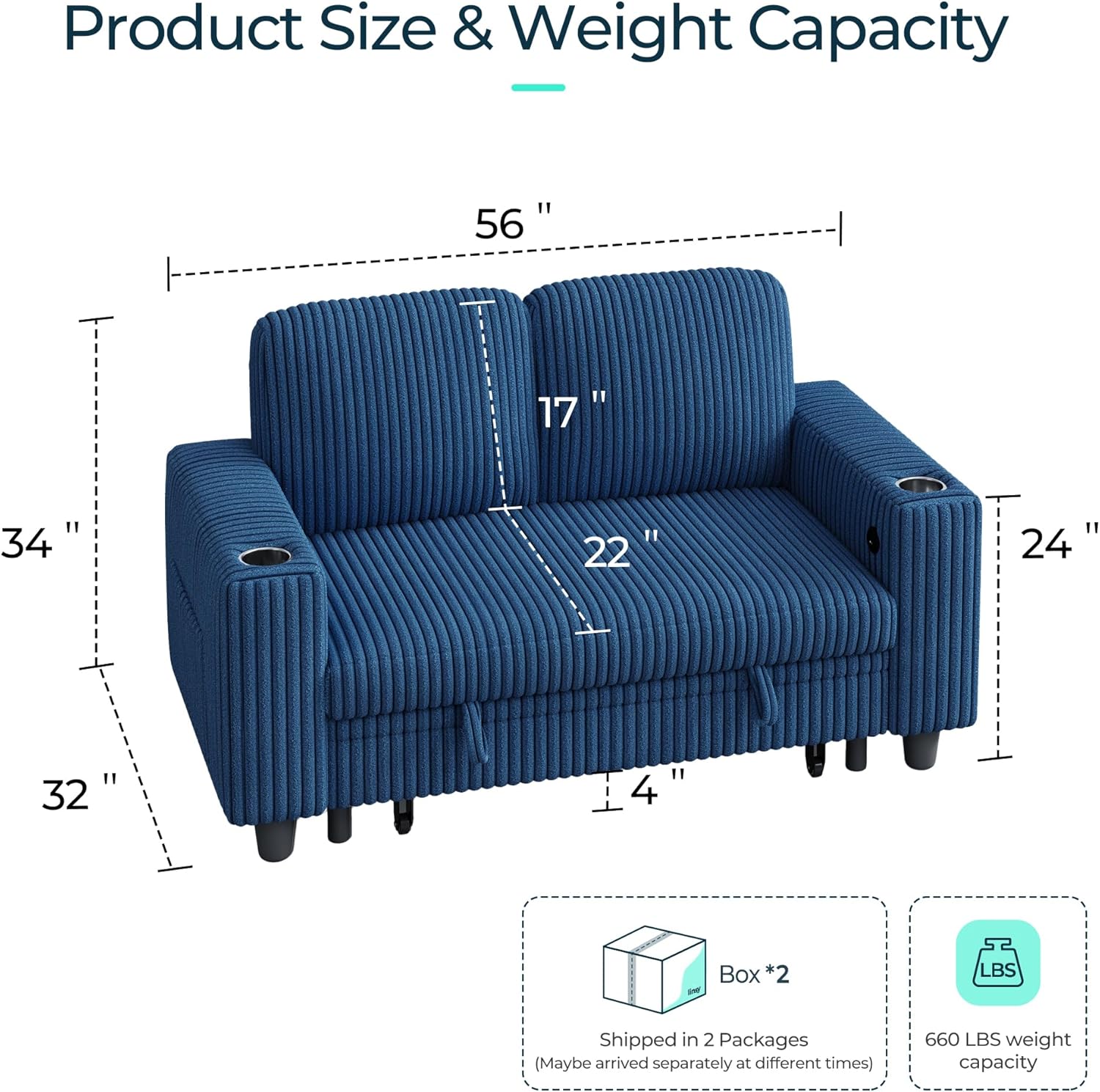 LINSY HOME Loveseat Sofa with Storage - Comfy Plush Corduroy 2 Seater Sofa with USB Charging & Cup