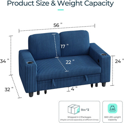 LINSY HOME Loveseat Sofa with Storage - Comfy Plush Corduroy 2 Seater Sofa with USB Charging & Cup