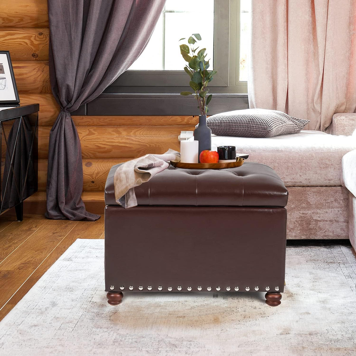 Leather Storage Ottoman Bench Foot Rest Stool with Nailhead Trim (Dark Brown - Button Tufted