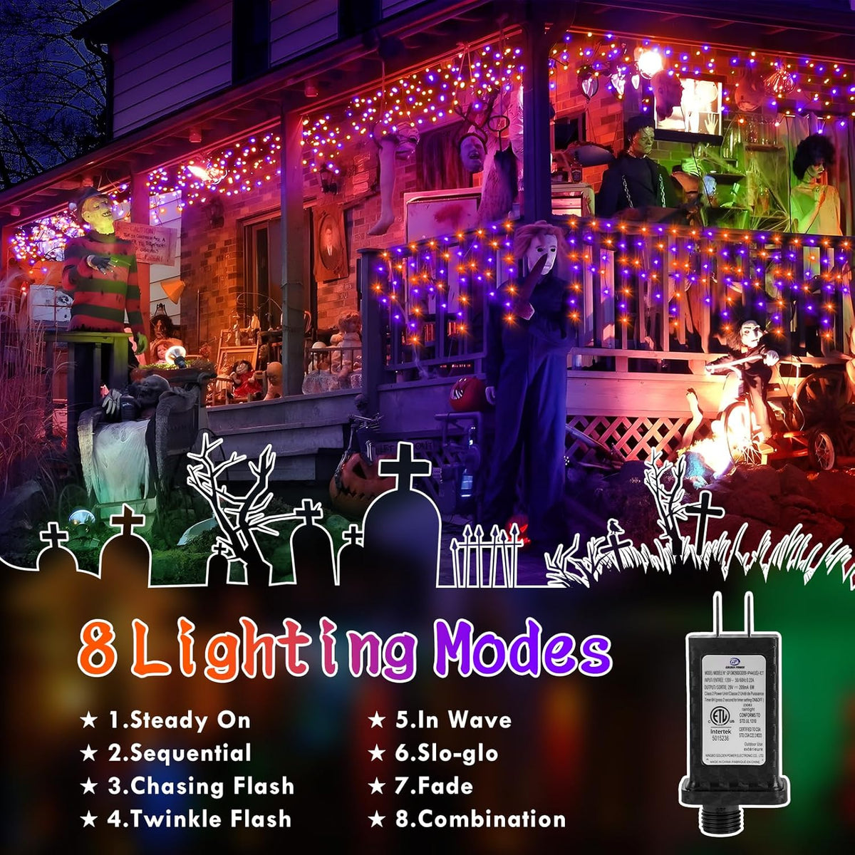KNONEW 99FT 960 LED Orange Purple Halloween Lights Outdoor Black Wire String Lights with 180 Drops
