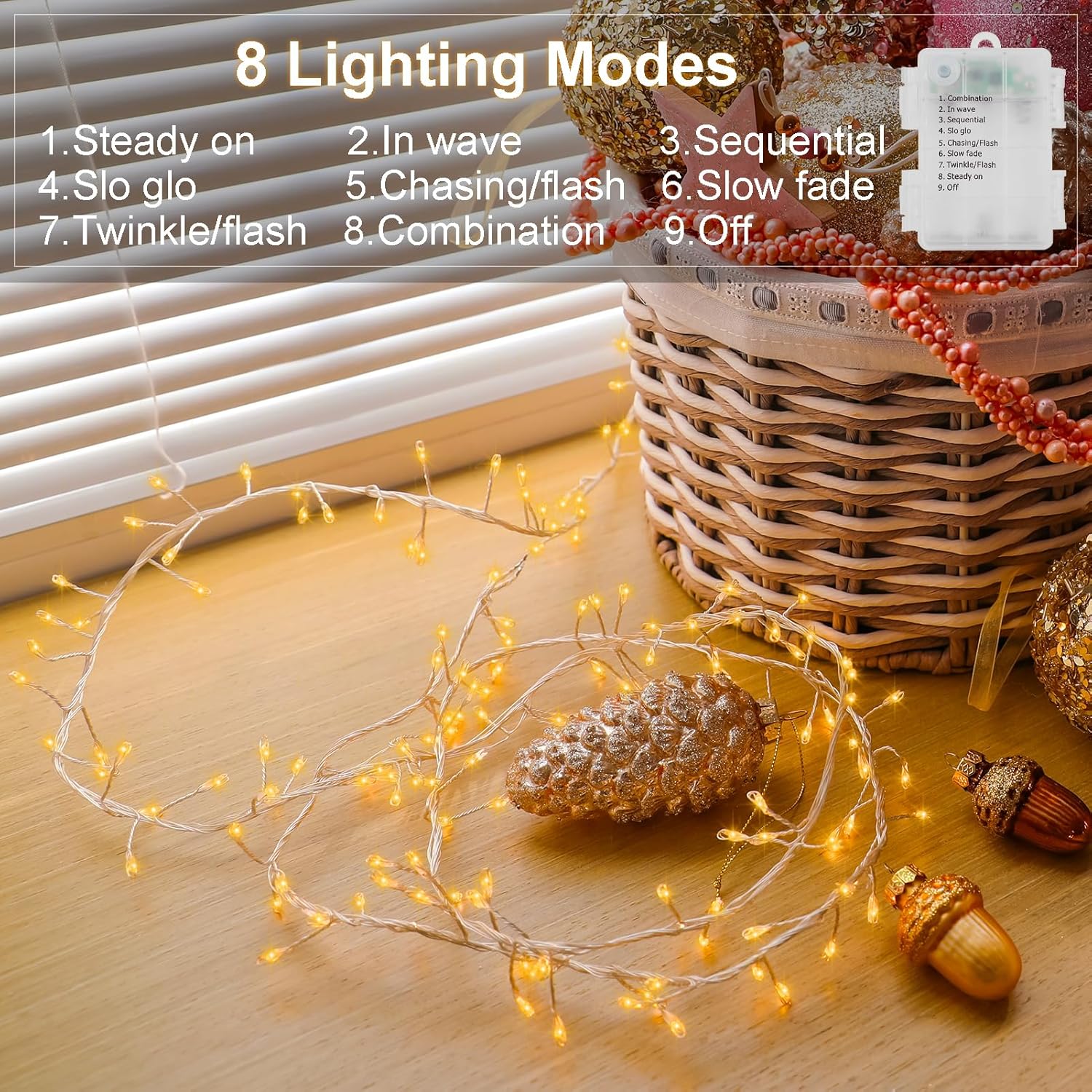 2 Pack Cluster Fairy Lights Battery Operated, Total 20Ft 400 LED Christmas String Lights with Timer