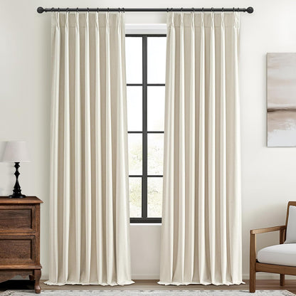 Extra Long Pleated Black Out Curtains 108 Inches Long for Living Room, Boho Cream Natural Linen