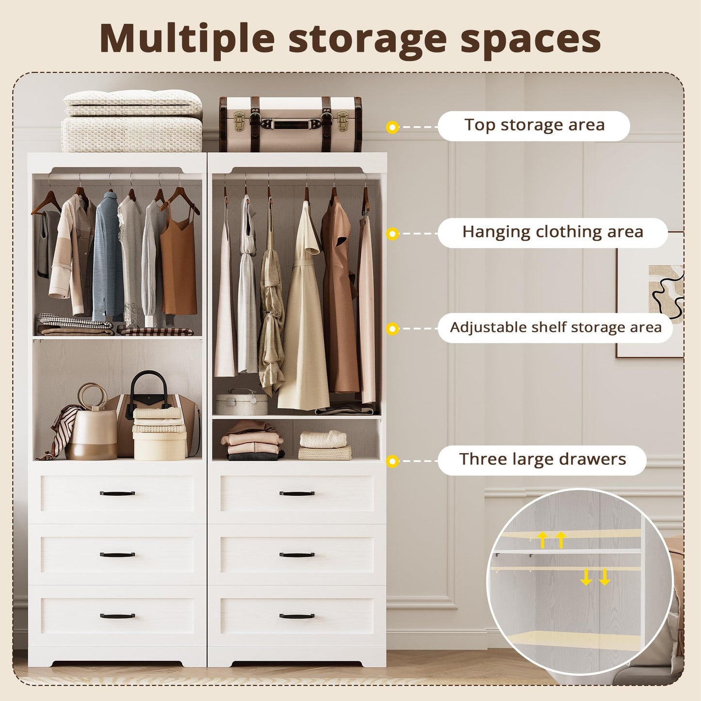IRONCK Freestanding Closet System with Adjustable Shelves & 3 Drawers