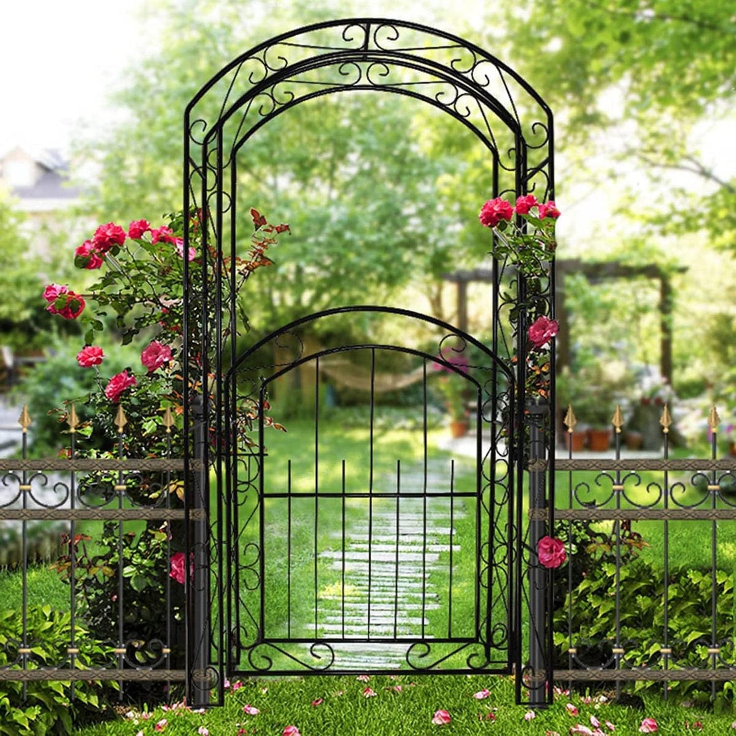 Steel Garden Arch with Gate, Garden Arbor for Various Climbing Plant, Metal Archway Trellis Pergola