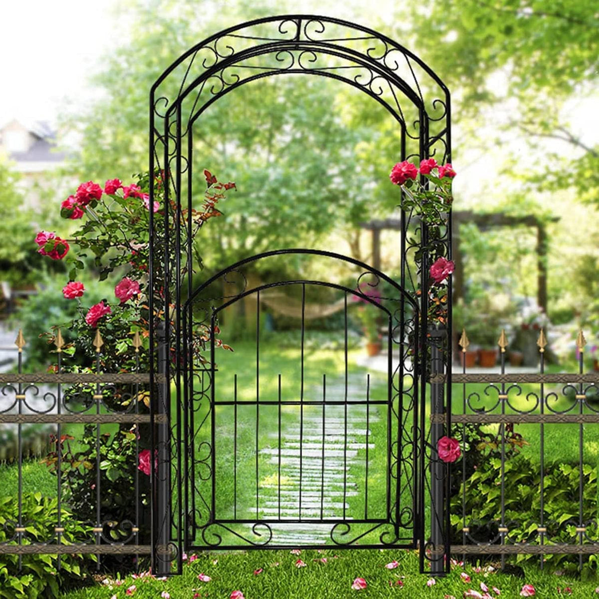 Steel Garden Arch with Gate, Garden Arbor for Various Climbing Plant, Metal Archway Trellis Pergola