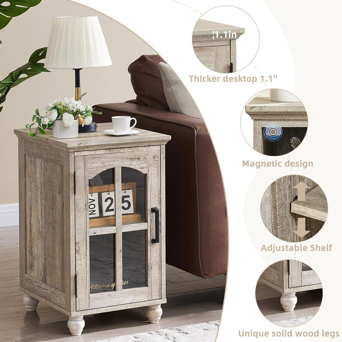 Narrow Side Table,Farmhouse Nightstand with Charging Station,Wood End Table with Glass Barn Door