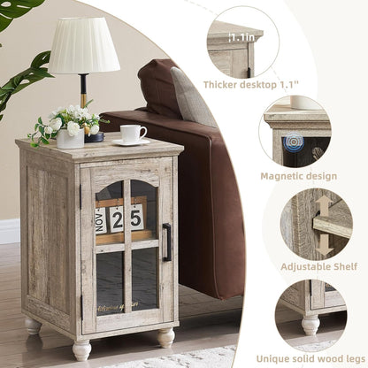 Narrow Side Table Set of 2,Farmhouse Nightstand with Charging Station,End Table with Glass Barn