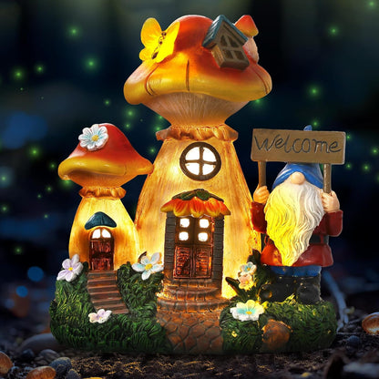 Solar Garden Statue Lights Mushroom Fairy House Figurine, Outdoor Memorial Garden Ornaments