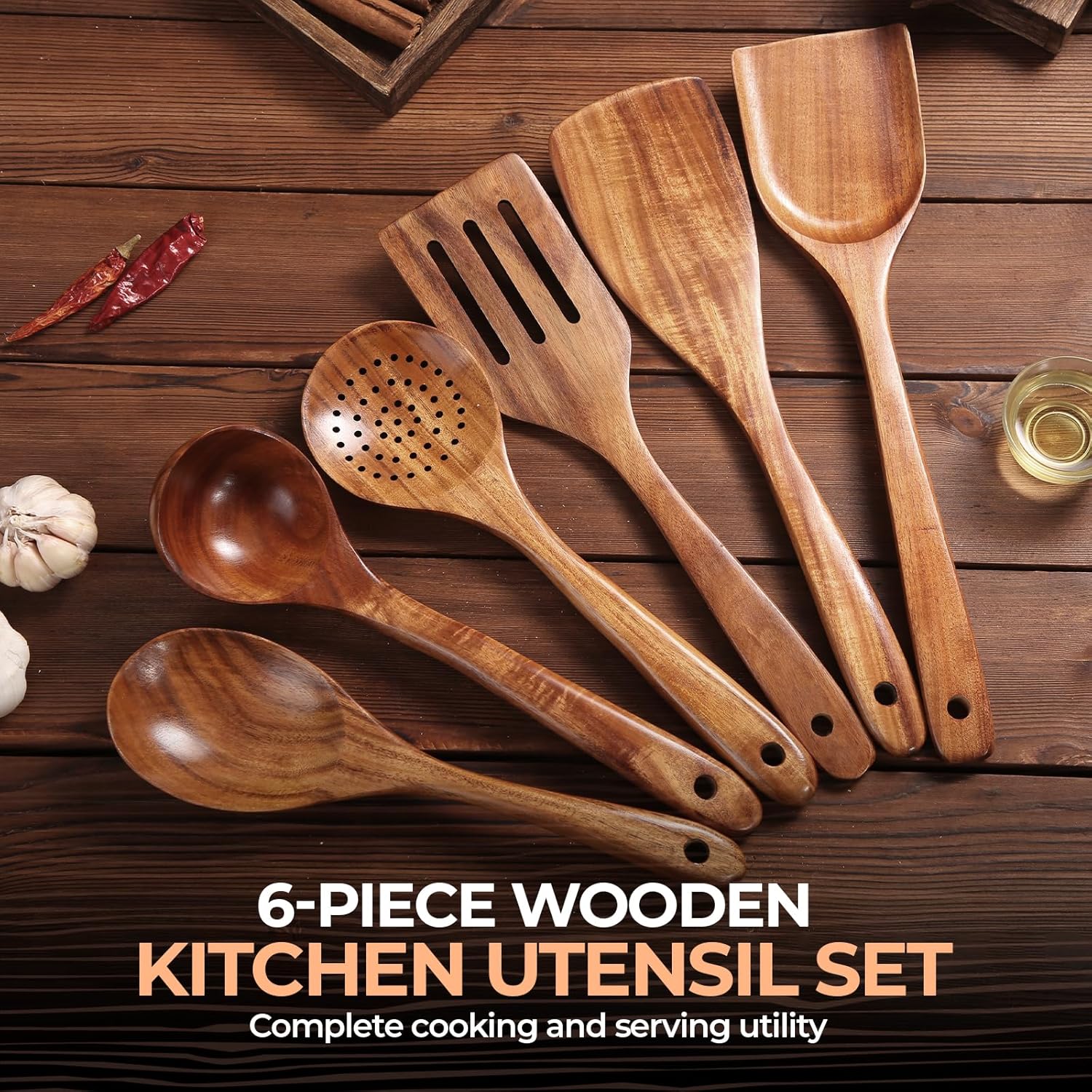 AIUHI Nonstick Natural Wooden Kitchen Utensils Set, Smooth Finish Teak Wood Spoons for Cooking