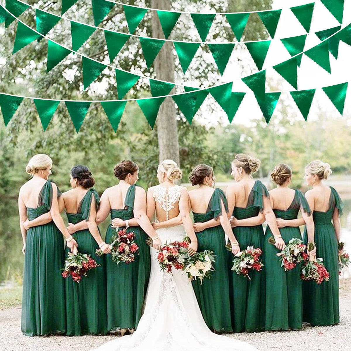 Green Party Decorations Triangle Pennant Banner Flag Dark Green Metallic Fabric Bunting Garland for