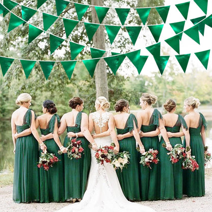 Green Party Decorations Triangle Pennant Banner Flag Dark Green Metallic Fabric Bunting Garland for